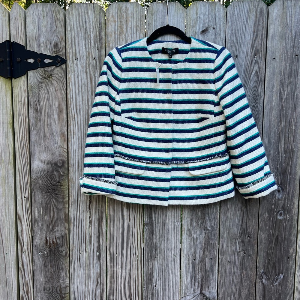 TALBOTS Tweed White Navy Jade Green Stripe Blazer Women’s 2P NWT NEW - Picture 4 of 16